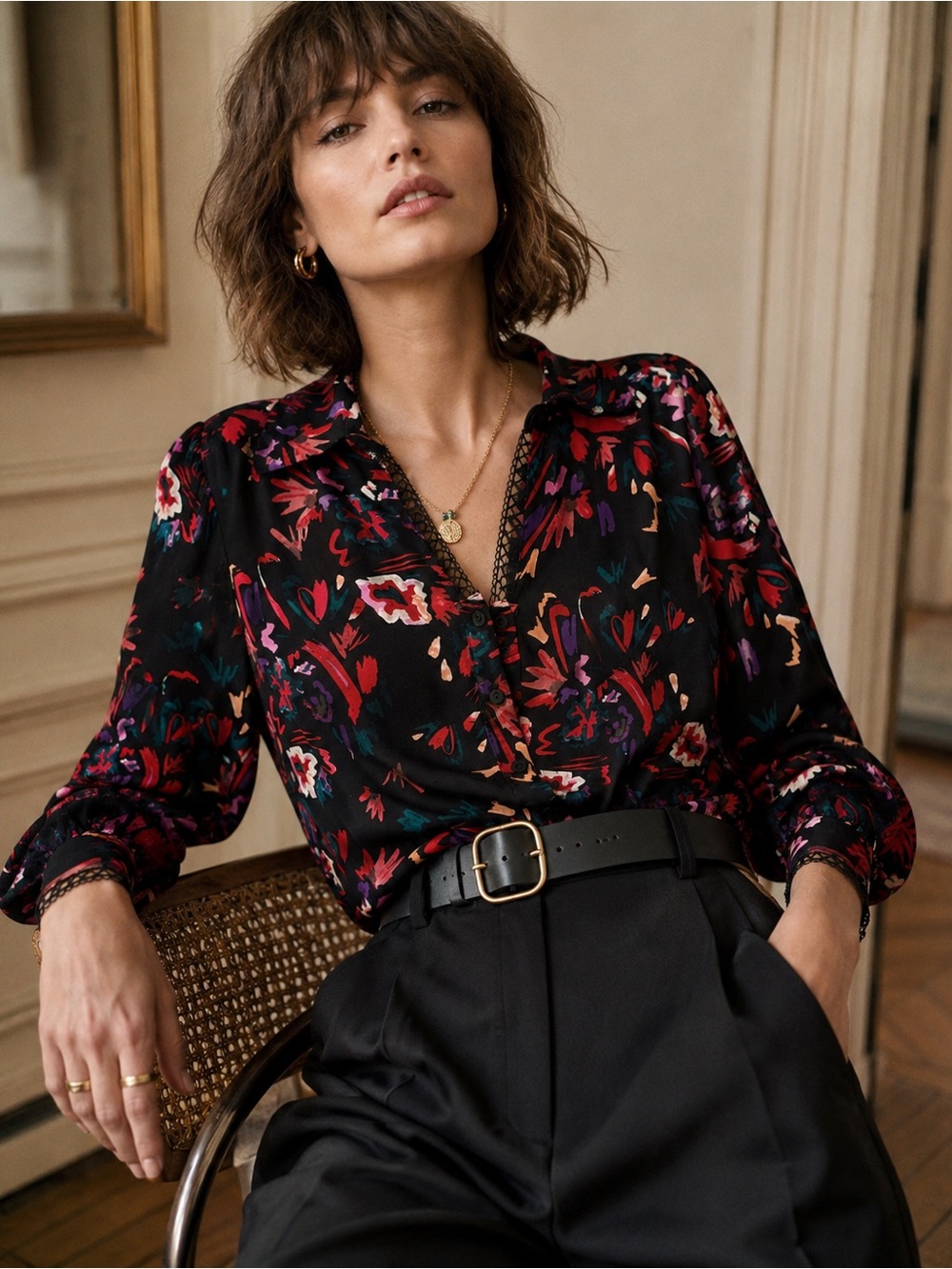 SUNCOO Paris Luciole Blouse T3 | Abstract Floral Print Lace Detail Top | Large